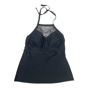 Womens Black Halter Tankini Top Crochet Neckline Built-in Bra Tummy Control Swim